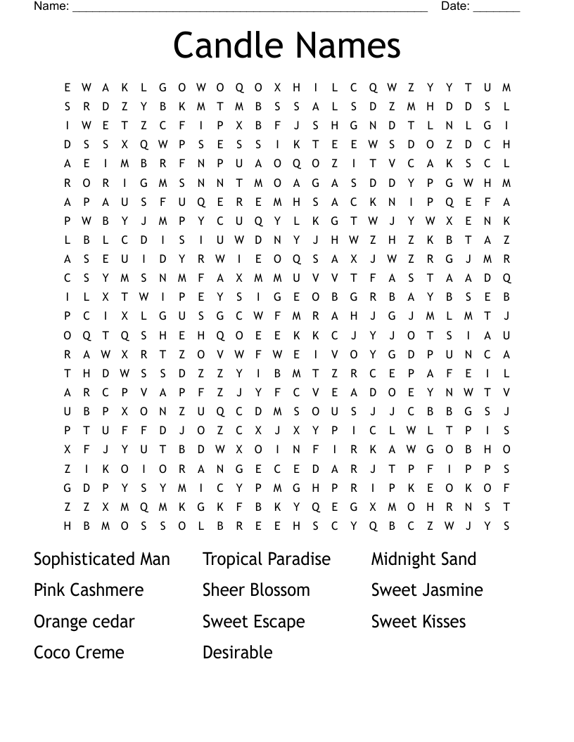 Candle Names Word Search WordMint