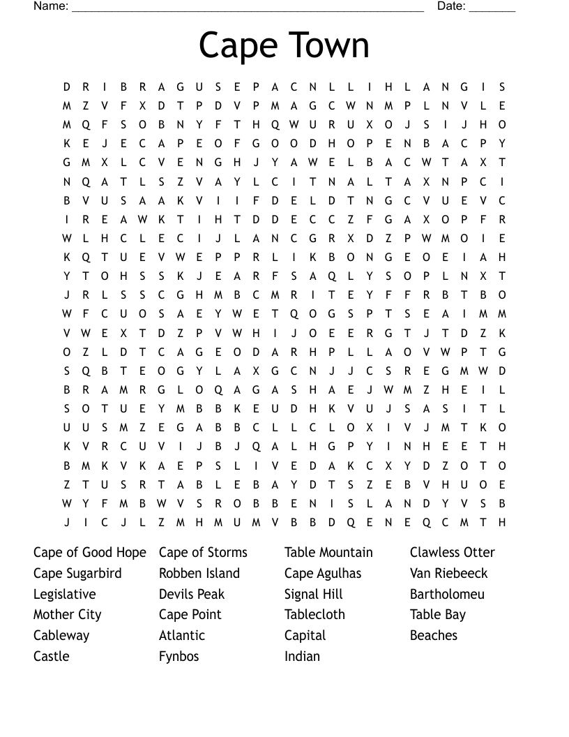 Cape Town Word Search WordMint