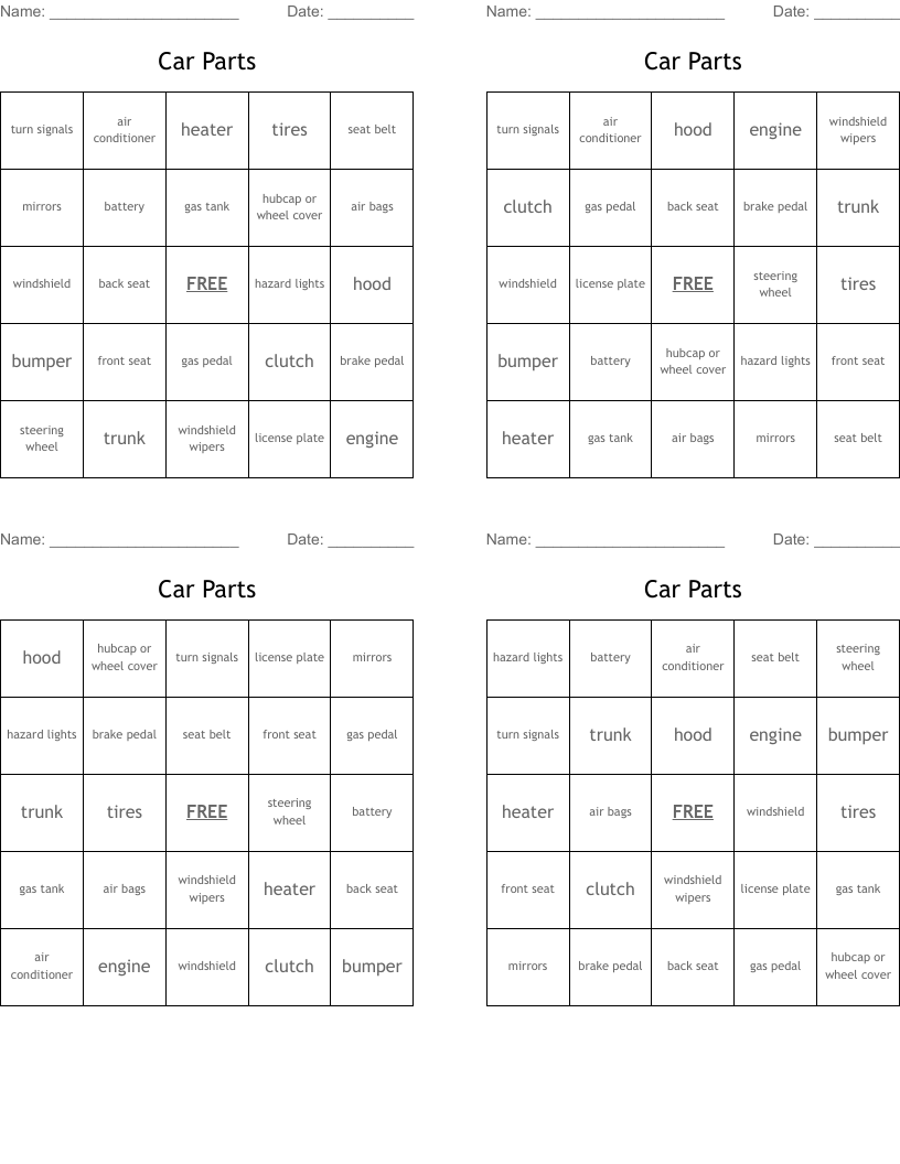 Car Parts Bingo Cards WordMint