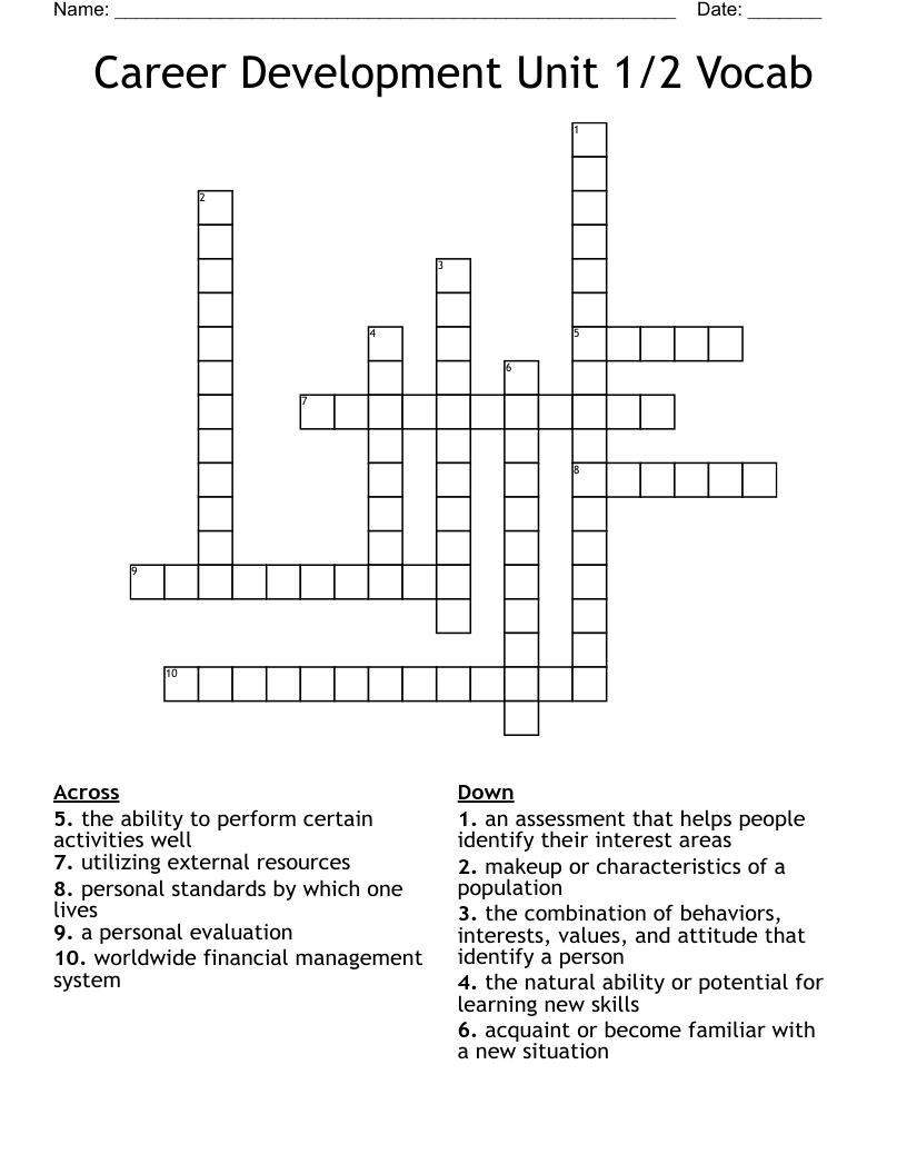Career Development Unit 1/2 Vocab Crossword WordMint