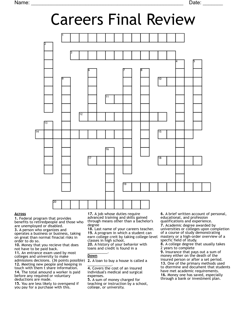 Careers Final Review Crossword WordMint