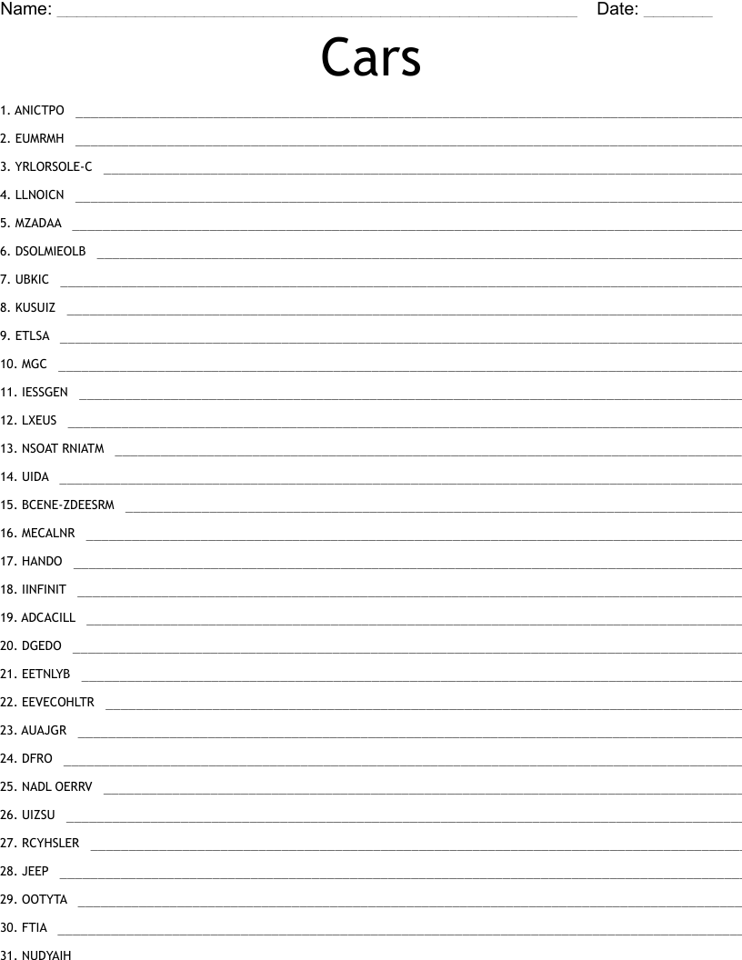 Car Brands Word Scramble WordMint