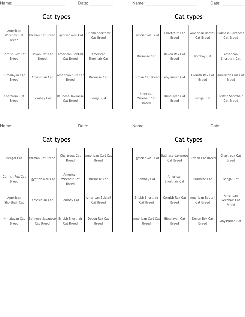 Cat Breed Crossword Puzzle WordMint