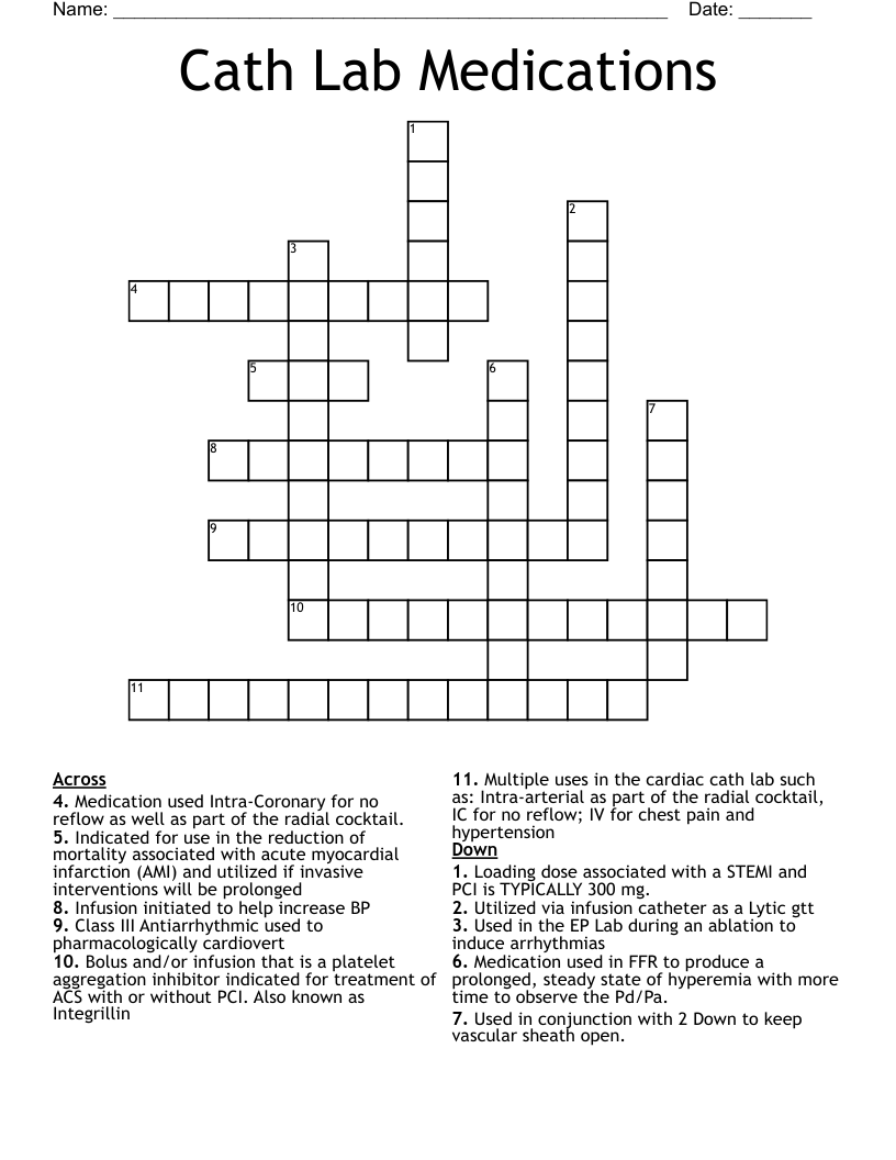 Cath Lab Medications Crossword WordMint