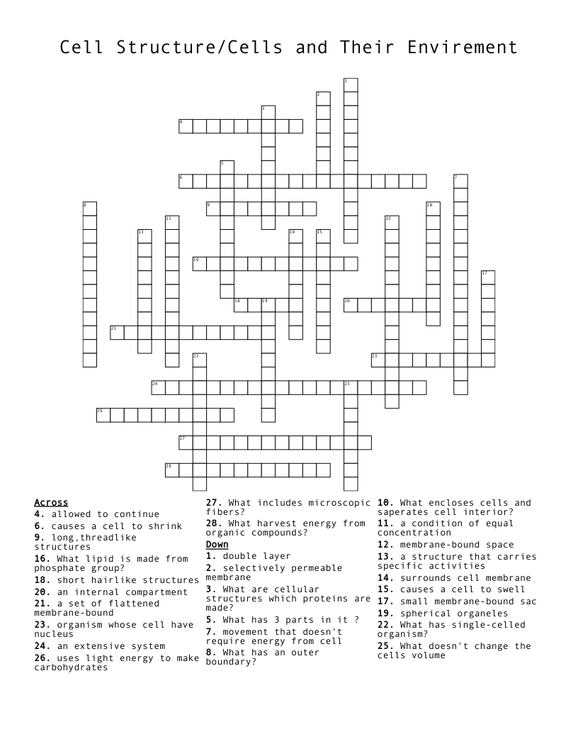 Cell Structure/Cells and Their Envirement Crossword WordMint