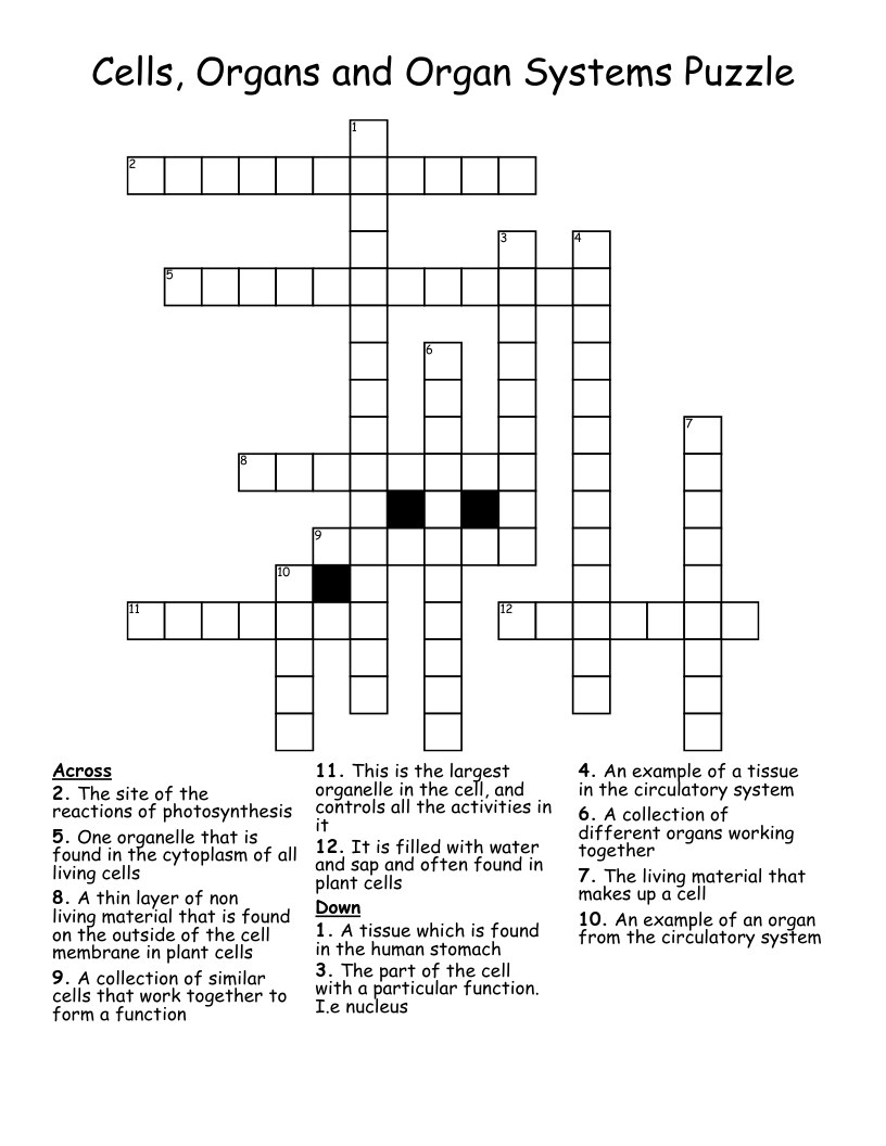 Cells, Organs and Organ Systems Puzzle Crossword WordMint