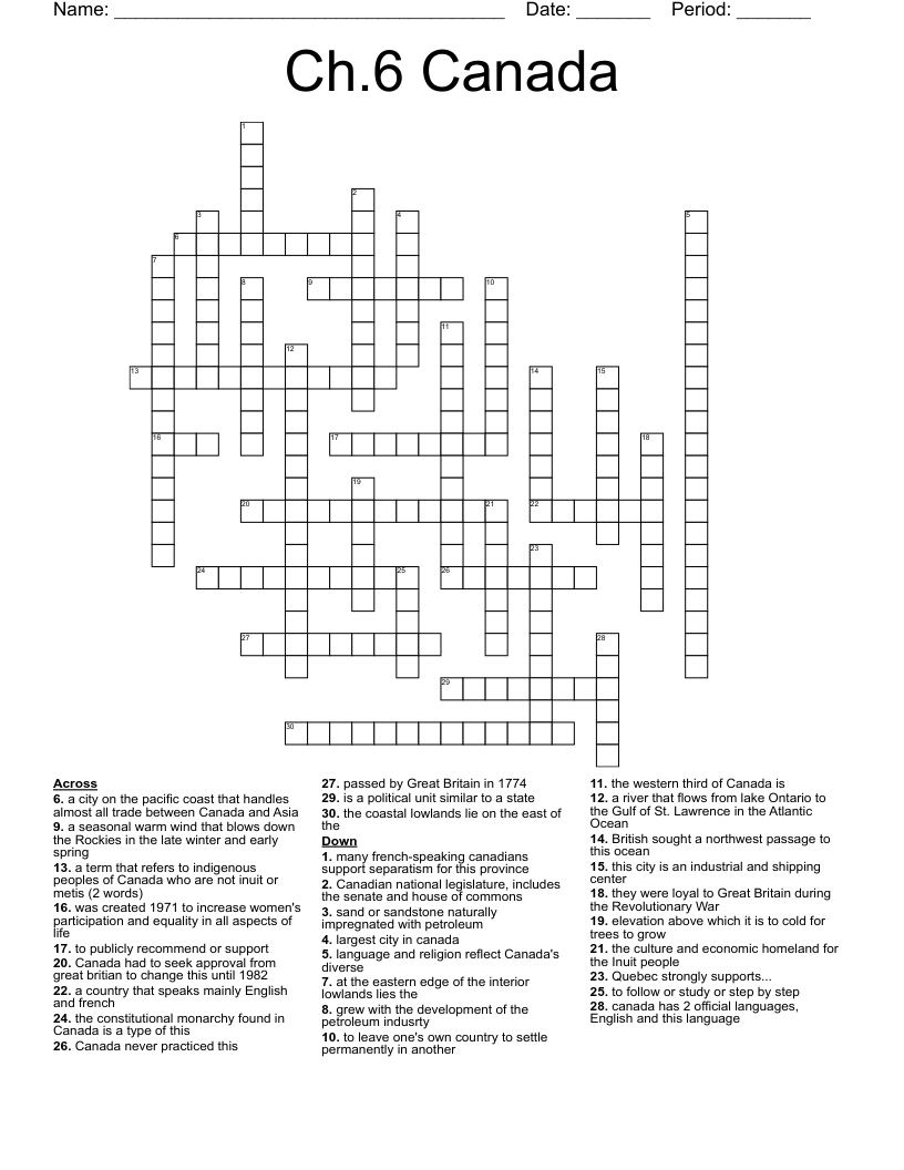 Ch.6 Canada Crossword WordMint