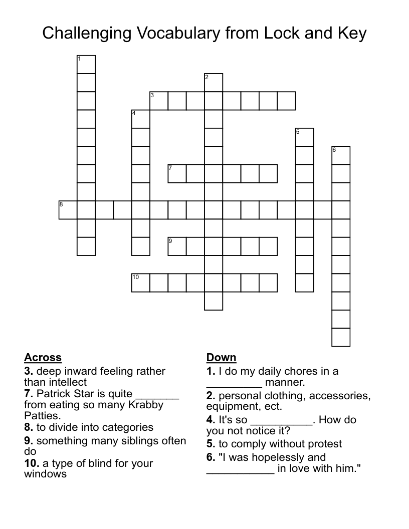 Challenging Vocabulary from Lock and Key Crossword WordMint