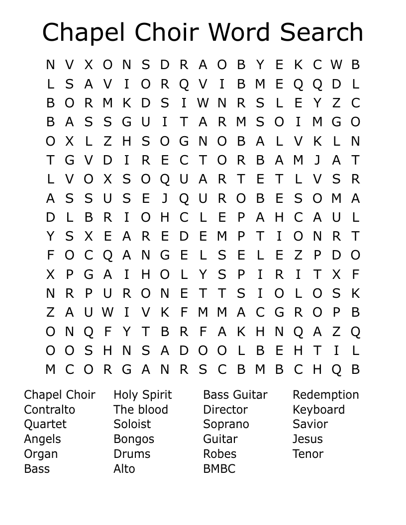 Chapel Choir Word Search WordMint