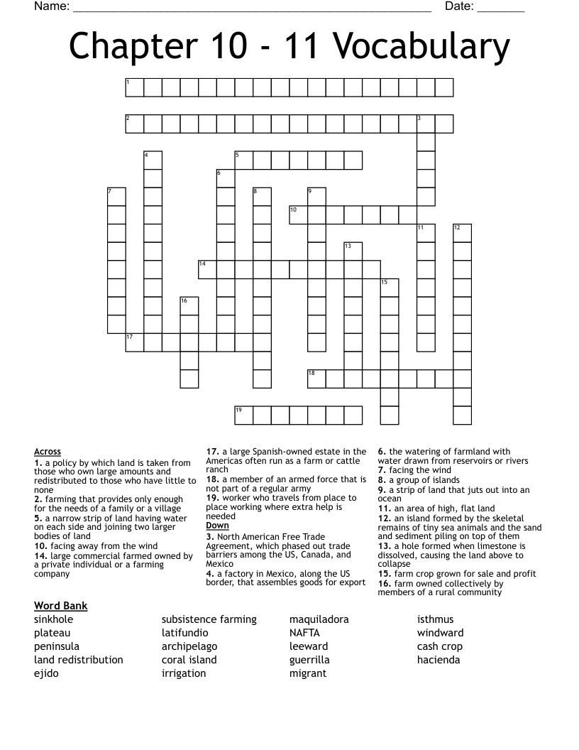 Central America Vocabulary Crossword WordMint