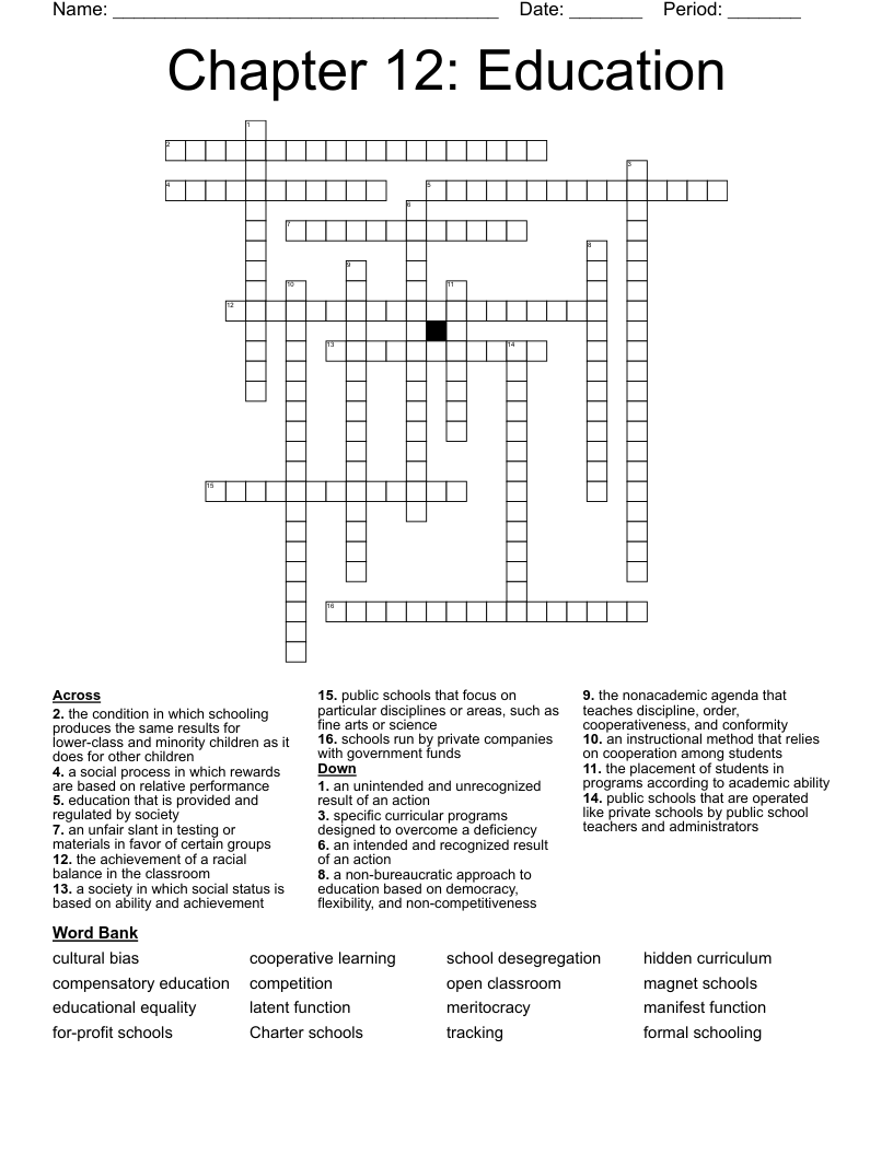 Chapter 12: Education Crossword - WordMint