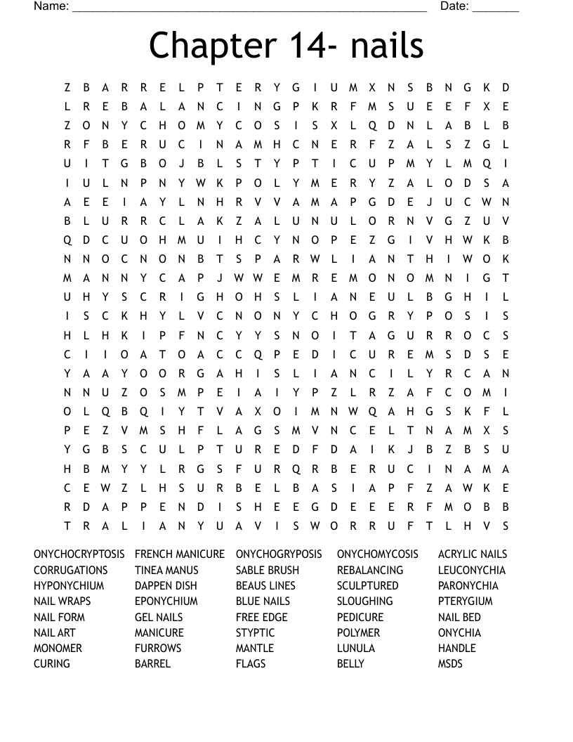Skin & Nail Care Crosswords, Word Searches, Bingo Cards WordMint