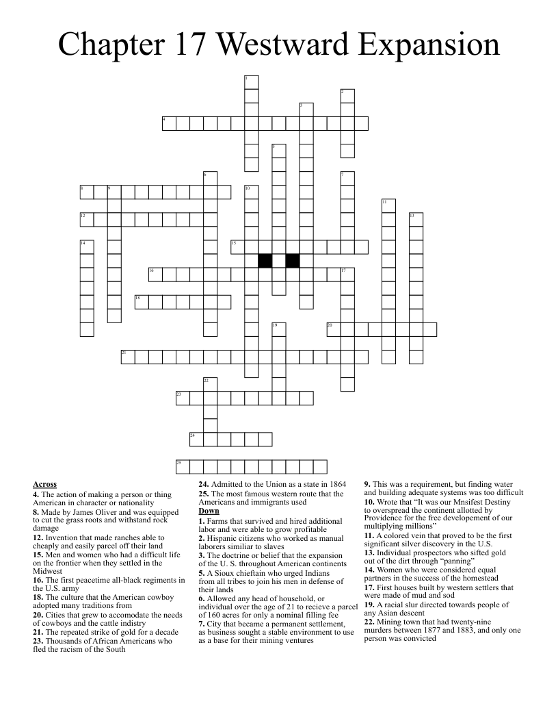 Chapter 17 Westward Expansion Crossword WordMint