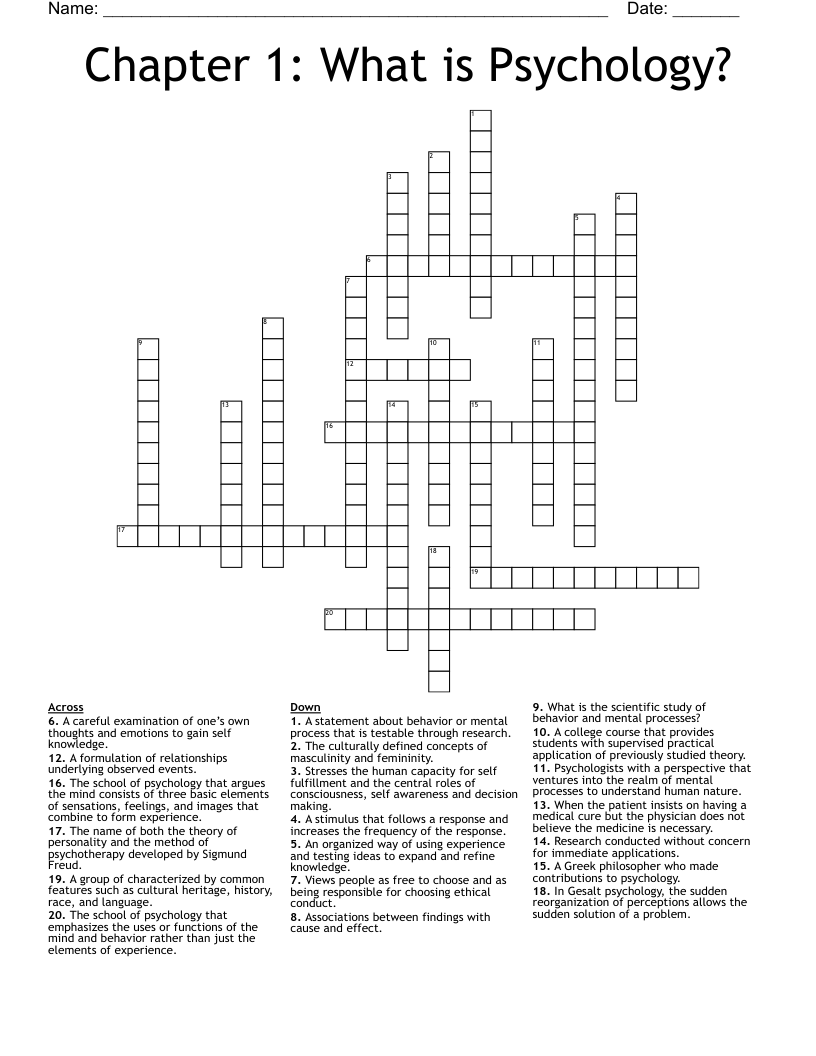 Chapter 1 What is Psychology? Crossword WordMint