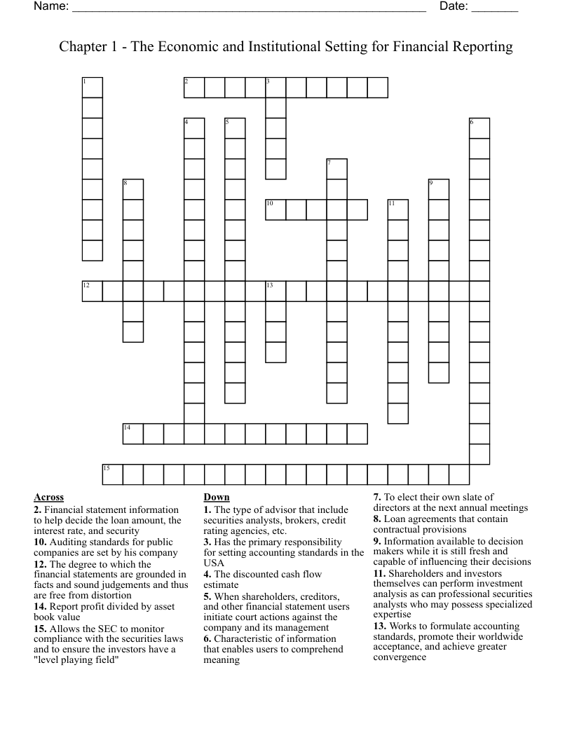 Chapter 1 The Economic and Institutional Setting for Financial Reporting Crossword WordMint