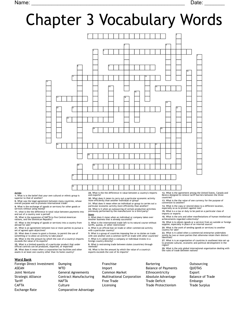 Chapter 3 Vocabulary Words Crossword WordMint