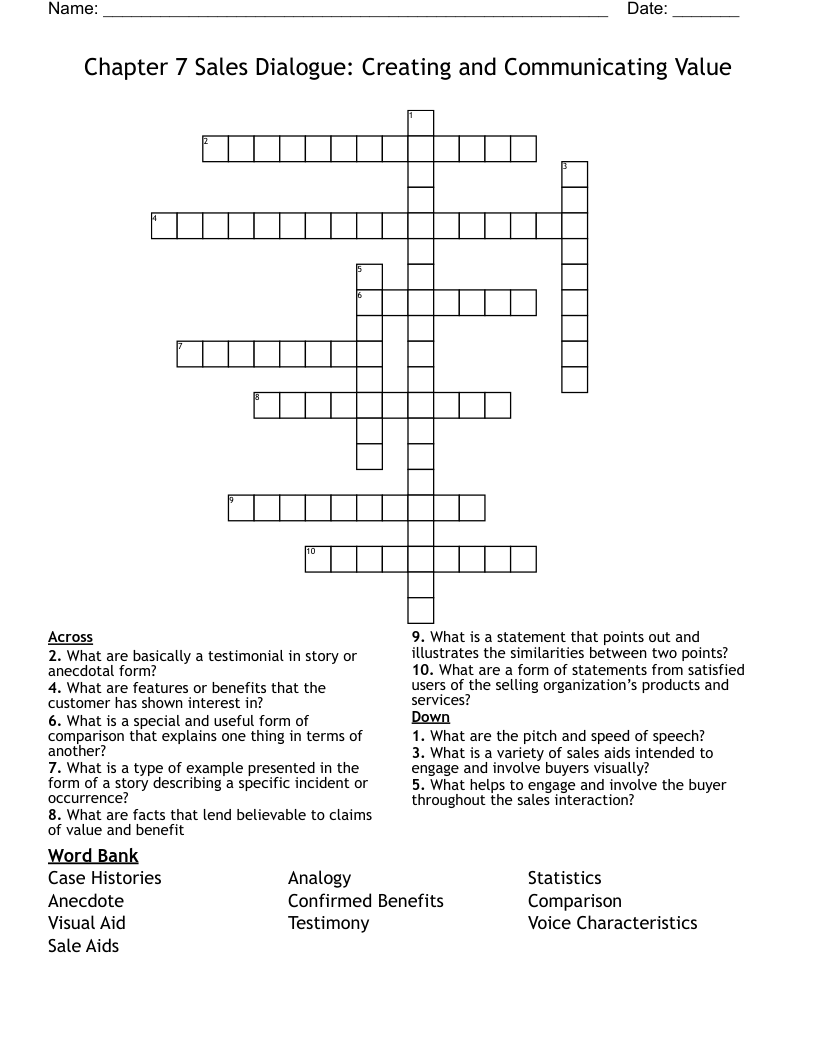 Chapter 7 Sales Dialogue Creating and Communicating Value Crossword
