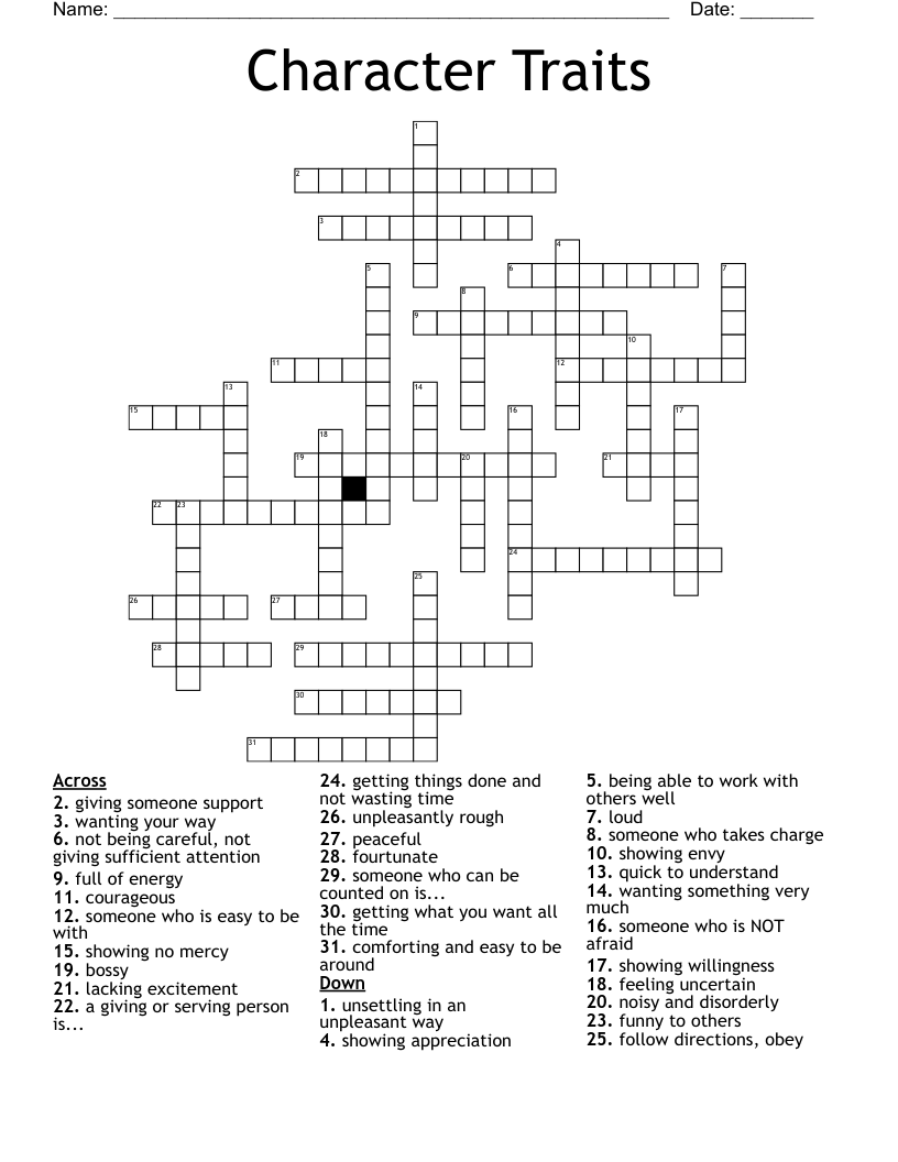 Character Traits Crossword Puzzle WordMint