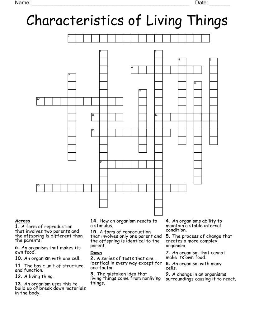 Characteristics of Living Things Crossword WordMint