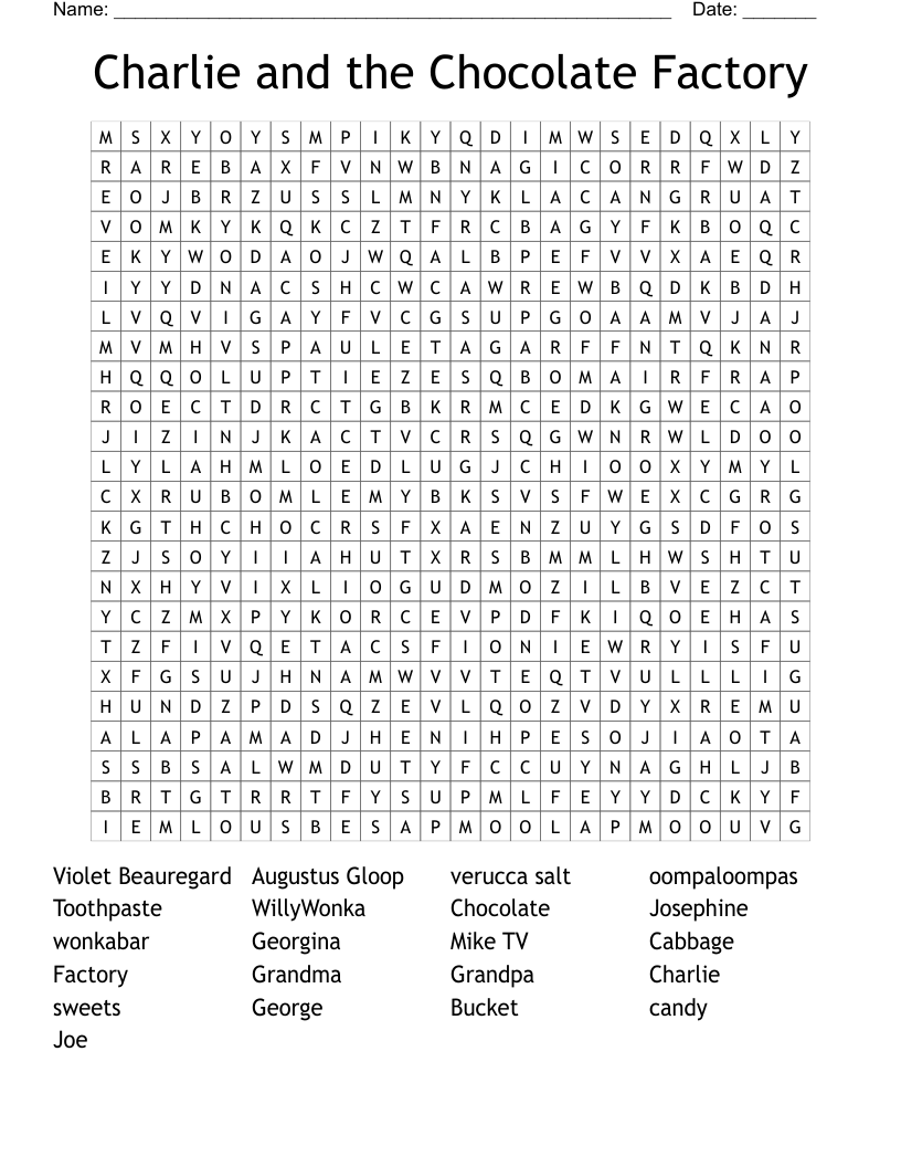 Charlie and the Chocolate Factory Word Search WordMint