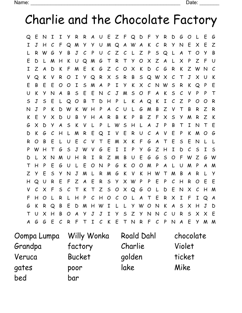 Charlie and the Chocolate Factory Word Search WordMint
