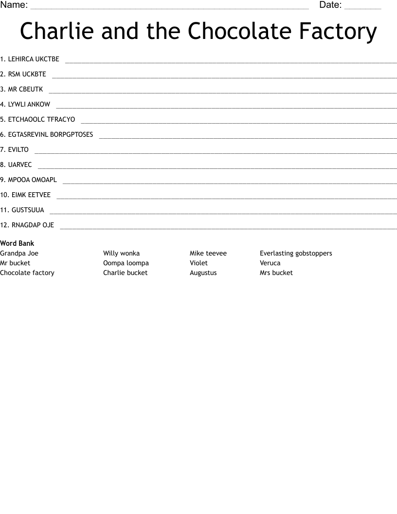 Charlie and the Chocolate Factory Word Scramble WordMint
