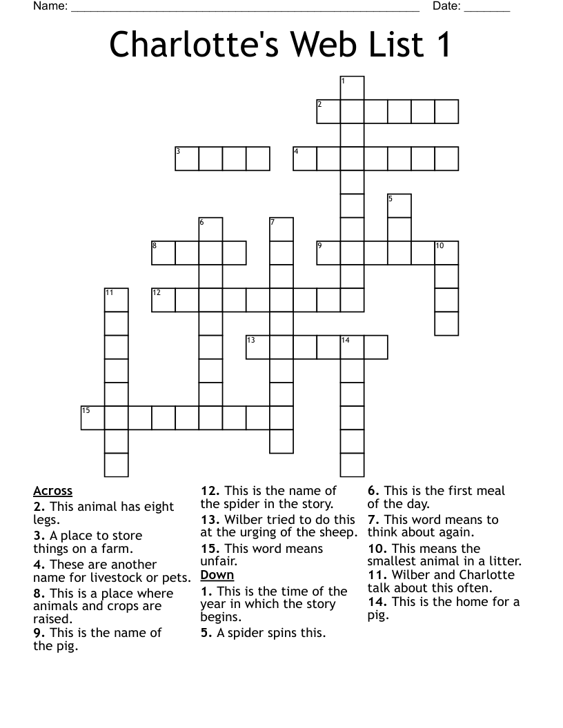 Charlotte's Web List 1 Crossword - WordMint