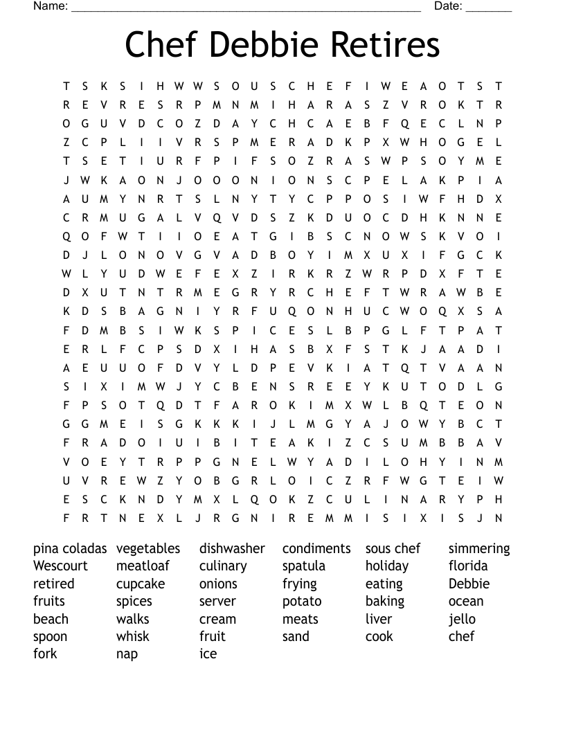 Chef Debbie Retires Word Search WordMint