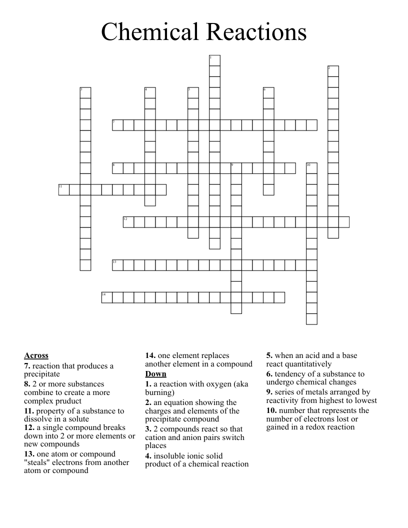 Chemical Reactions Crossword WordMint