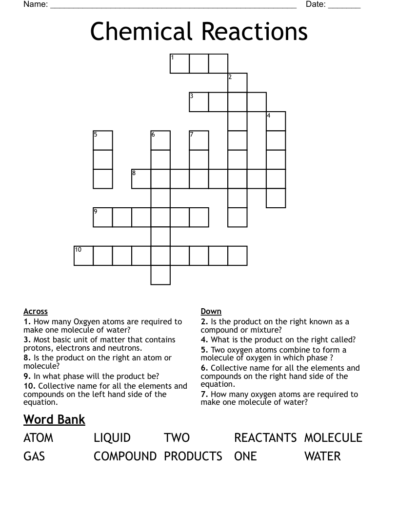 Chemical Reactions Crossword WordMint