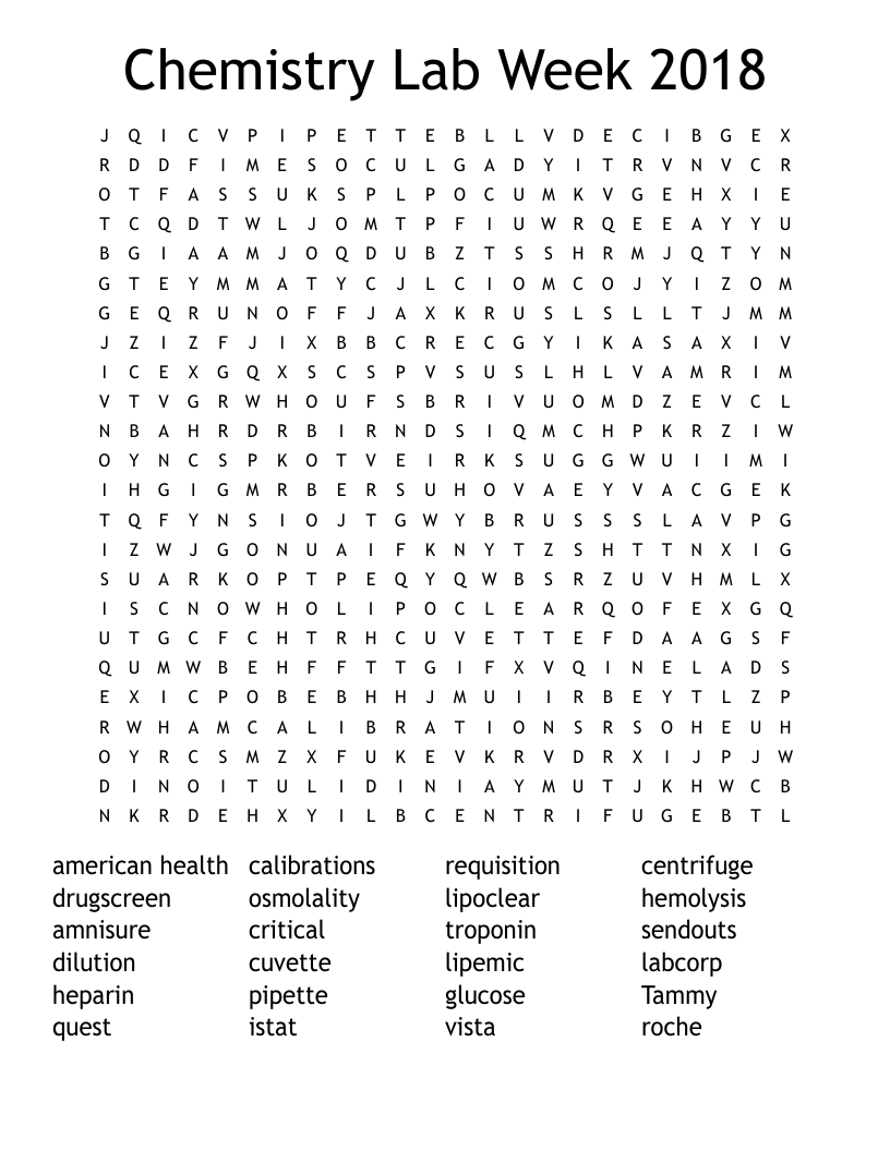 Chemistry Lab Week 2018 Word Search WordMint
