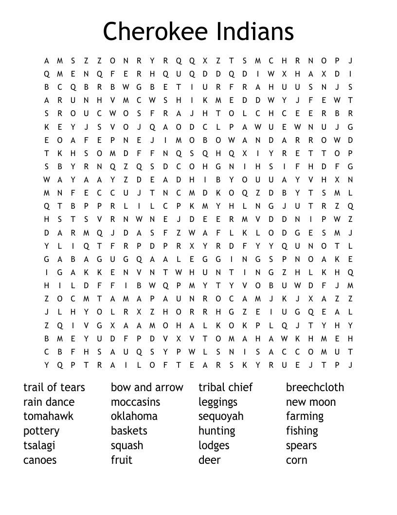 Cherokee Indians Word Search WordMint