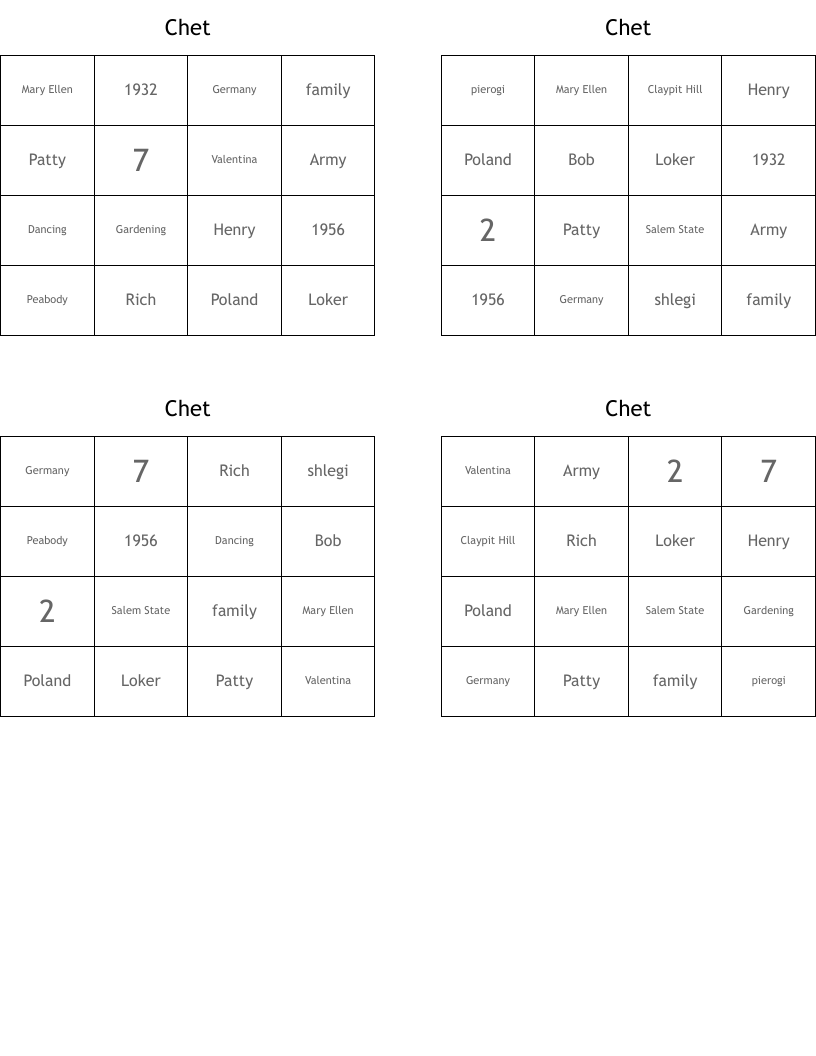 Chet Bingo Cards WordMint
