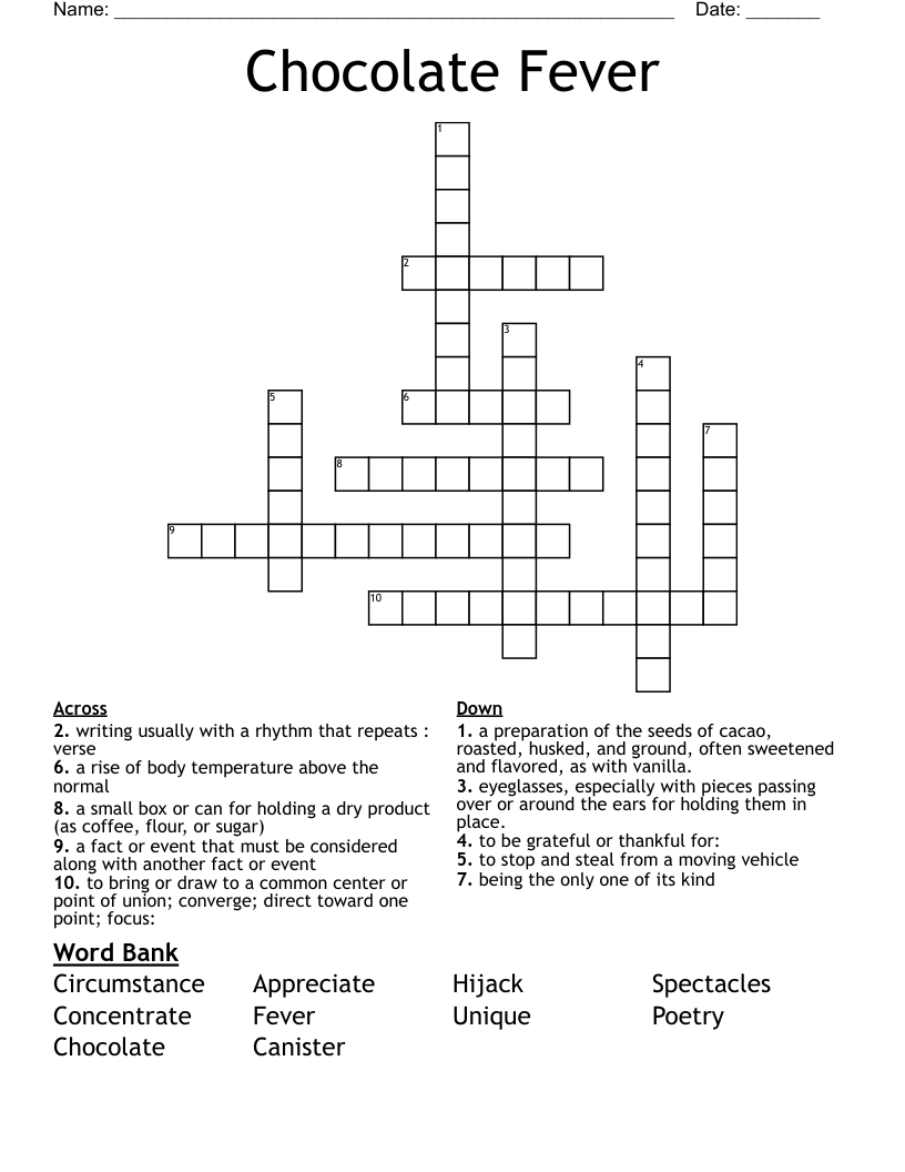 Chocolate Fever Crossword WordMint