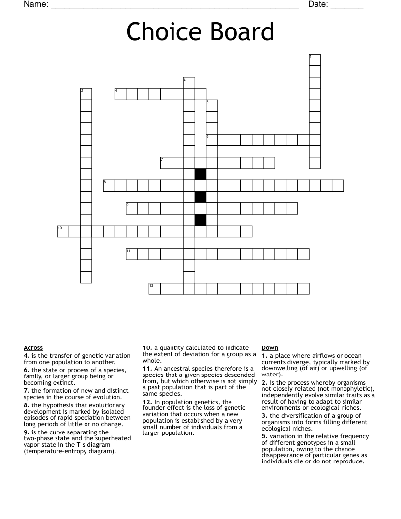Choice Board Crossword WordMint