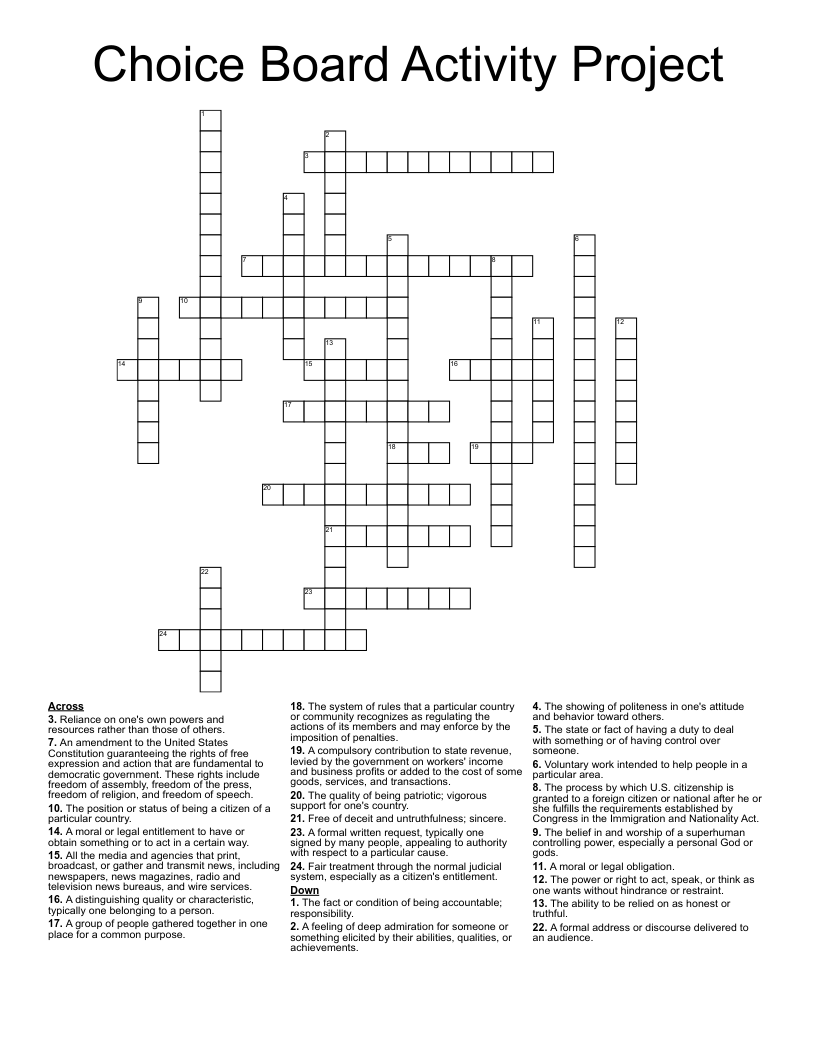 Choice Board Activity Project Crossword WordMint