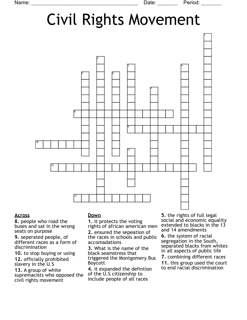 Civil Rights Movement Crossword WordMint