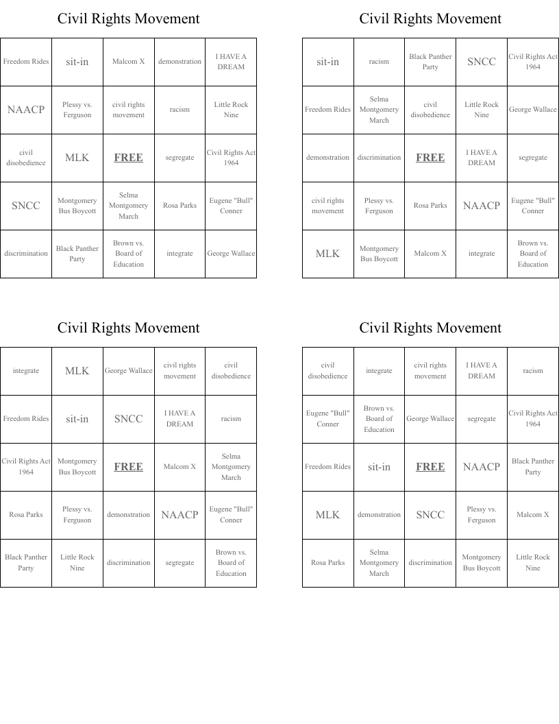 Civil Rights Movement Bingo Cards WordMint