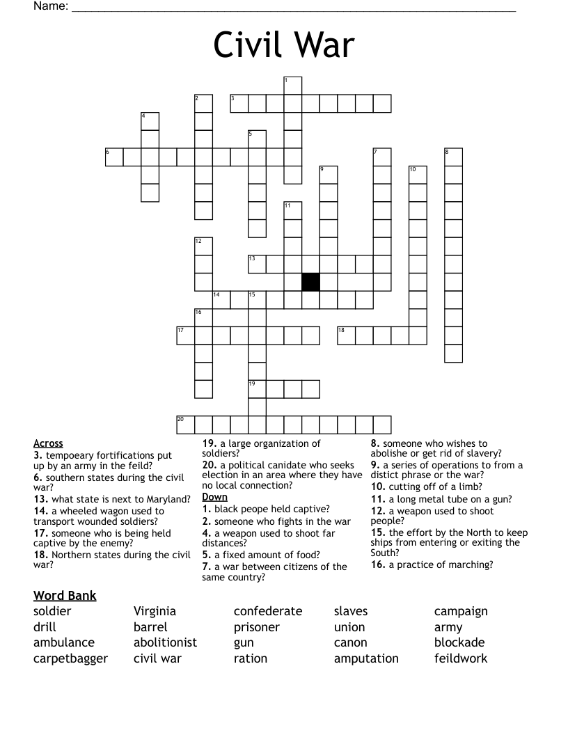 Civil War Crossword WordMint