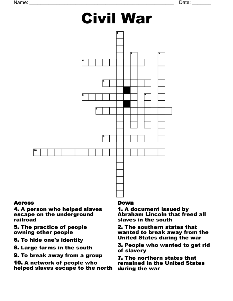 Civil War Crossword - WordMint