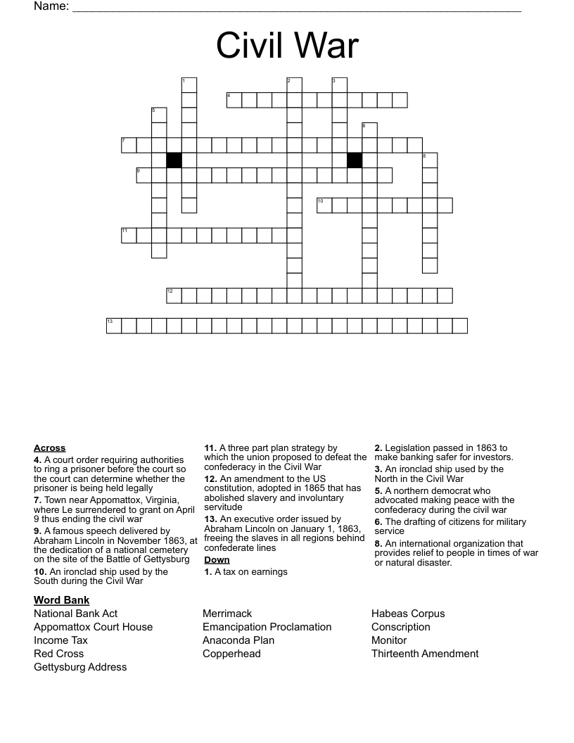 Civil War Crossword - WordMint
