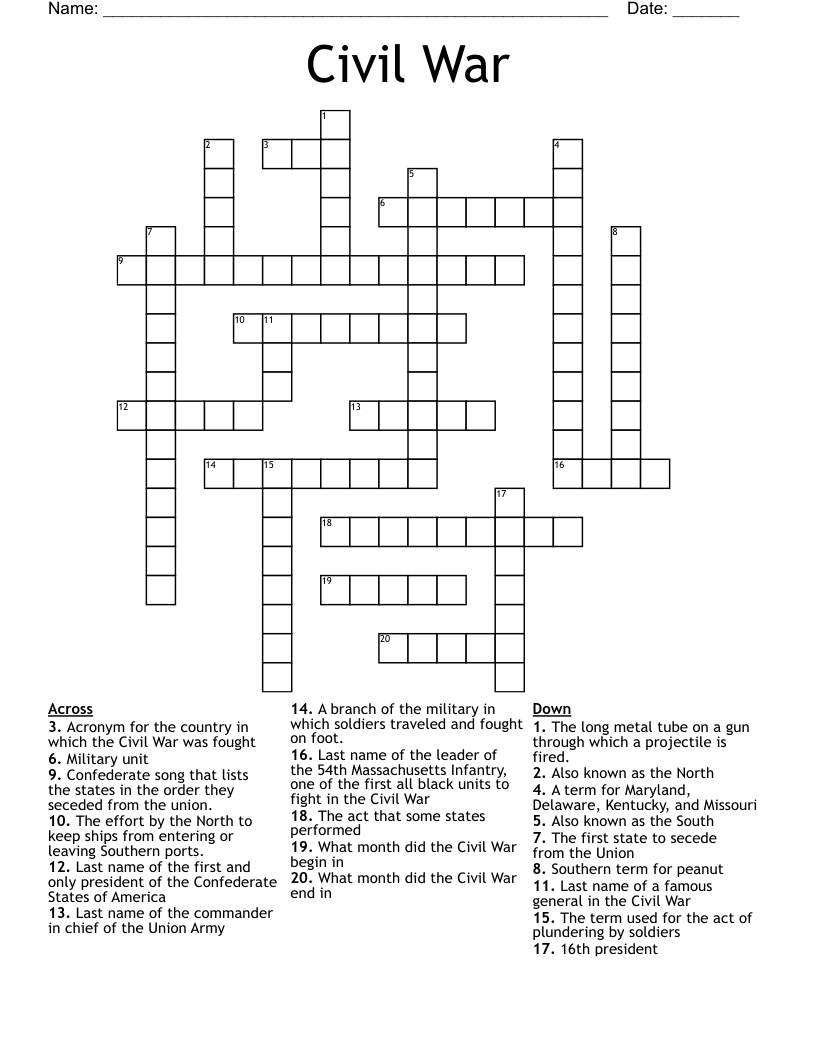 Civil War Crossword WordMint