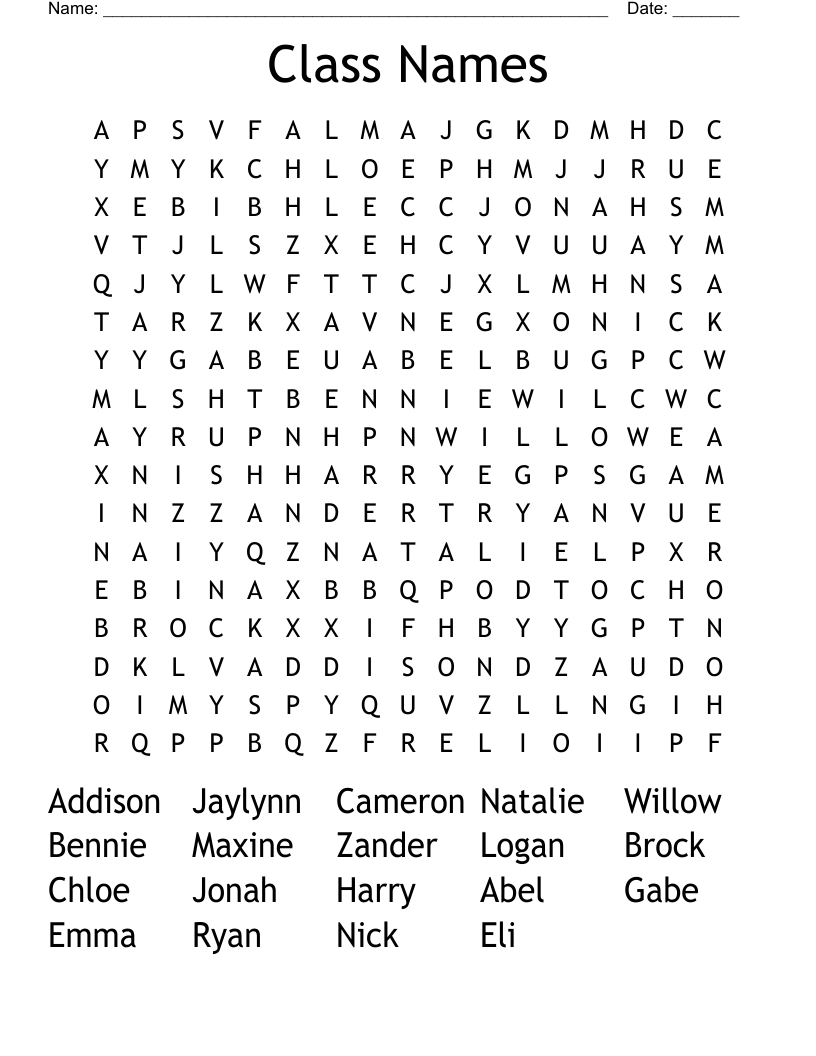 Class Names Word Search - WordMint
