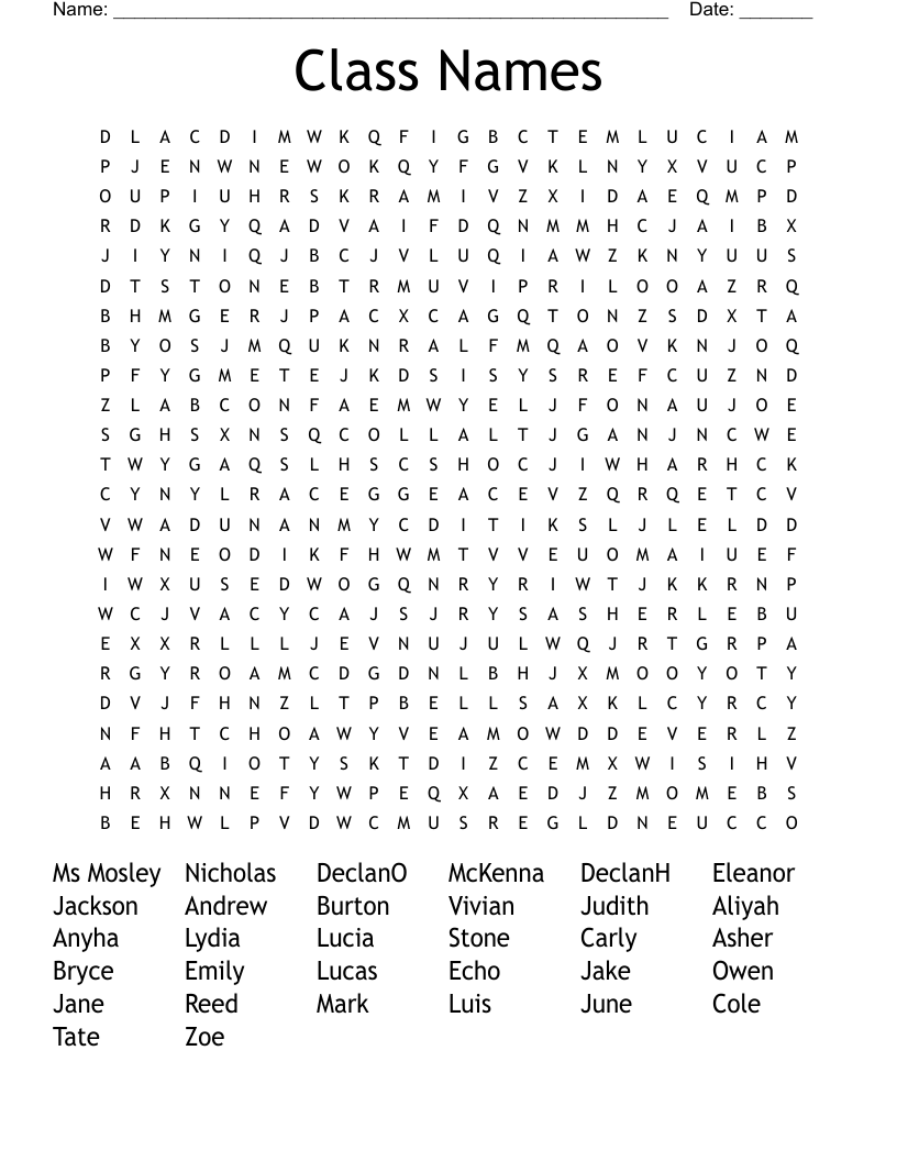 Class Names Word Search WordMint