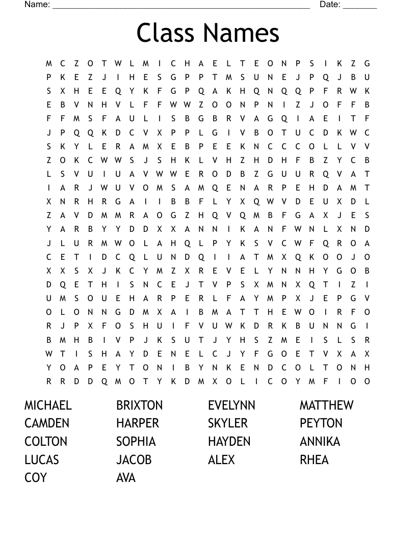 Class Names Word Search WordMint