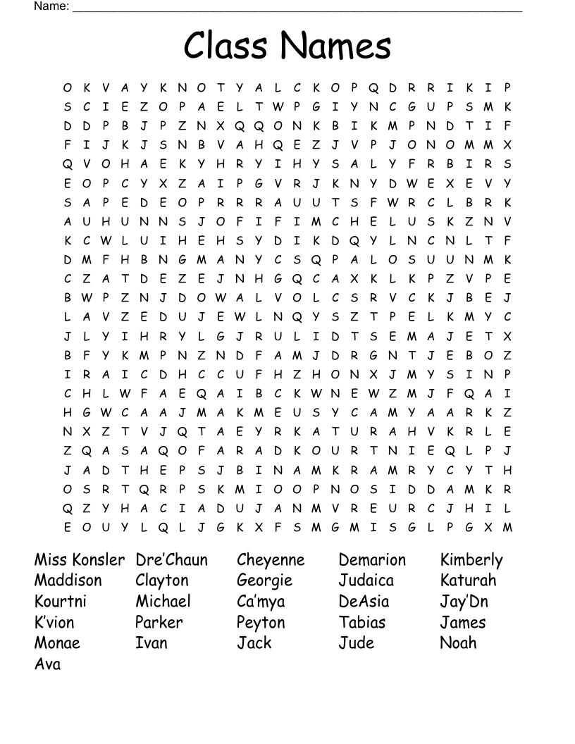 Class Names Word Search WordMint
