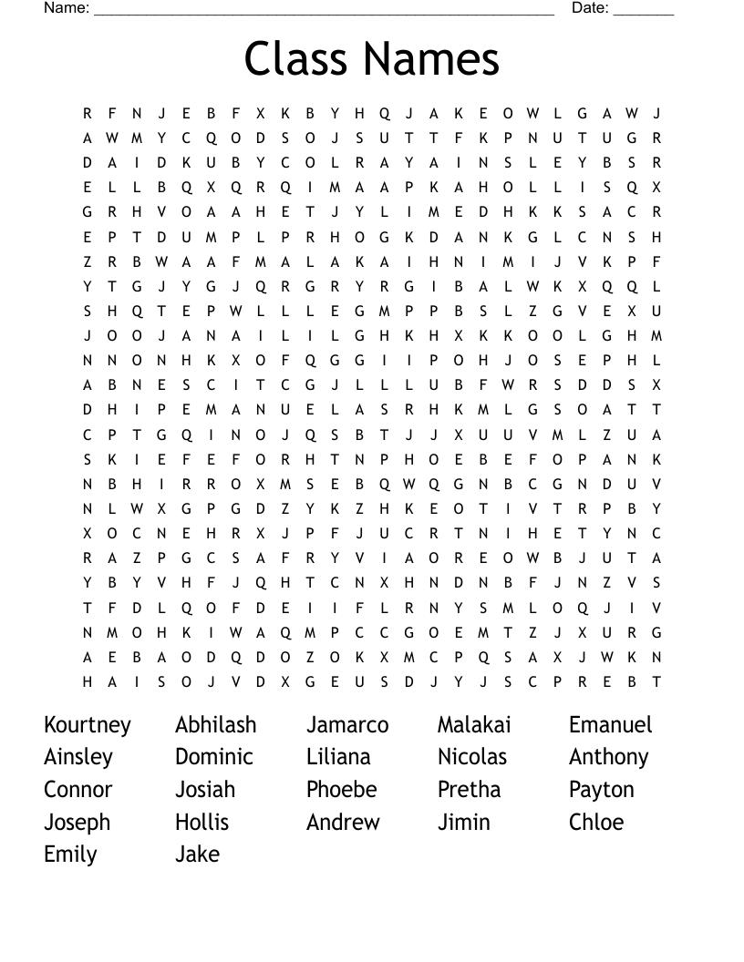 Class Names Word Search WordMint