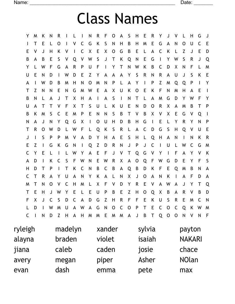 Class Names Word Search WordMint