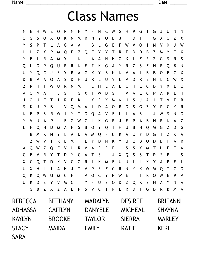 Class Names Word Search WordMint