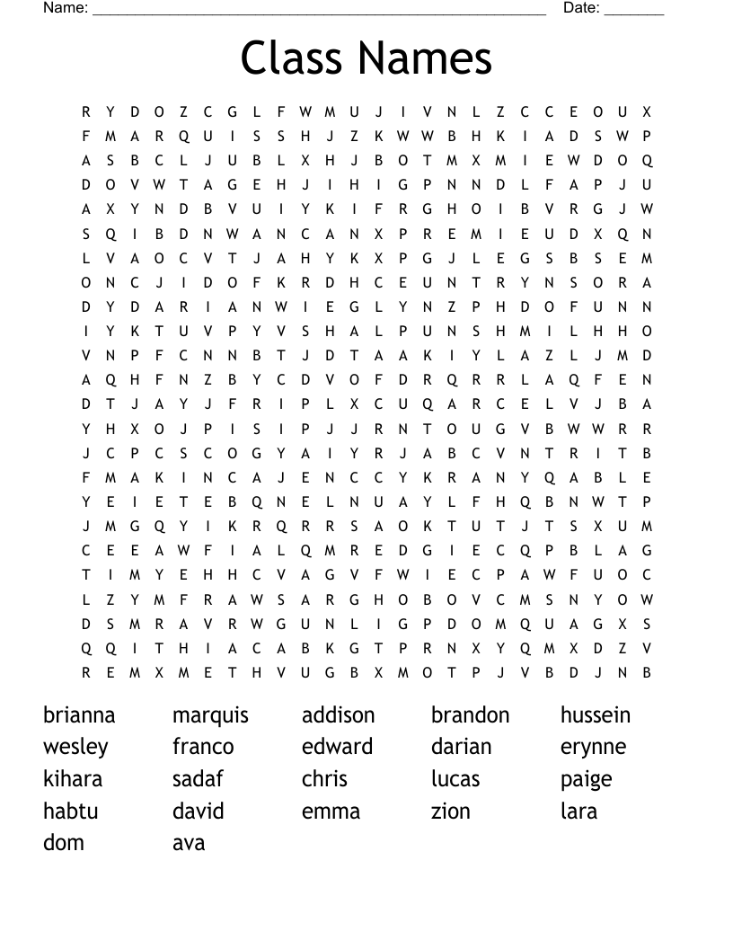 Class Names Word Search WordMint
